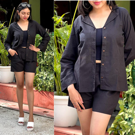 STYLIE Solid Short Coord Set Cotton Flex