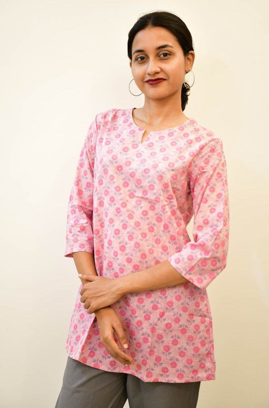 PINK FLORAL PRINTED  SHORT KURTA