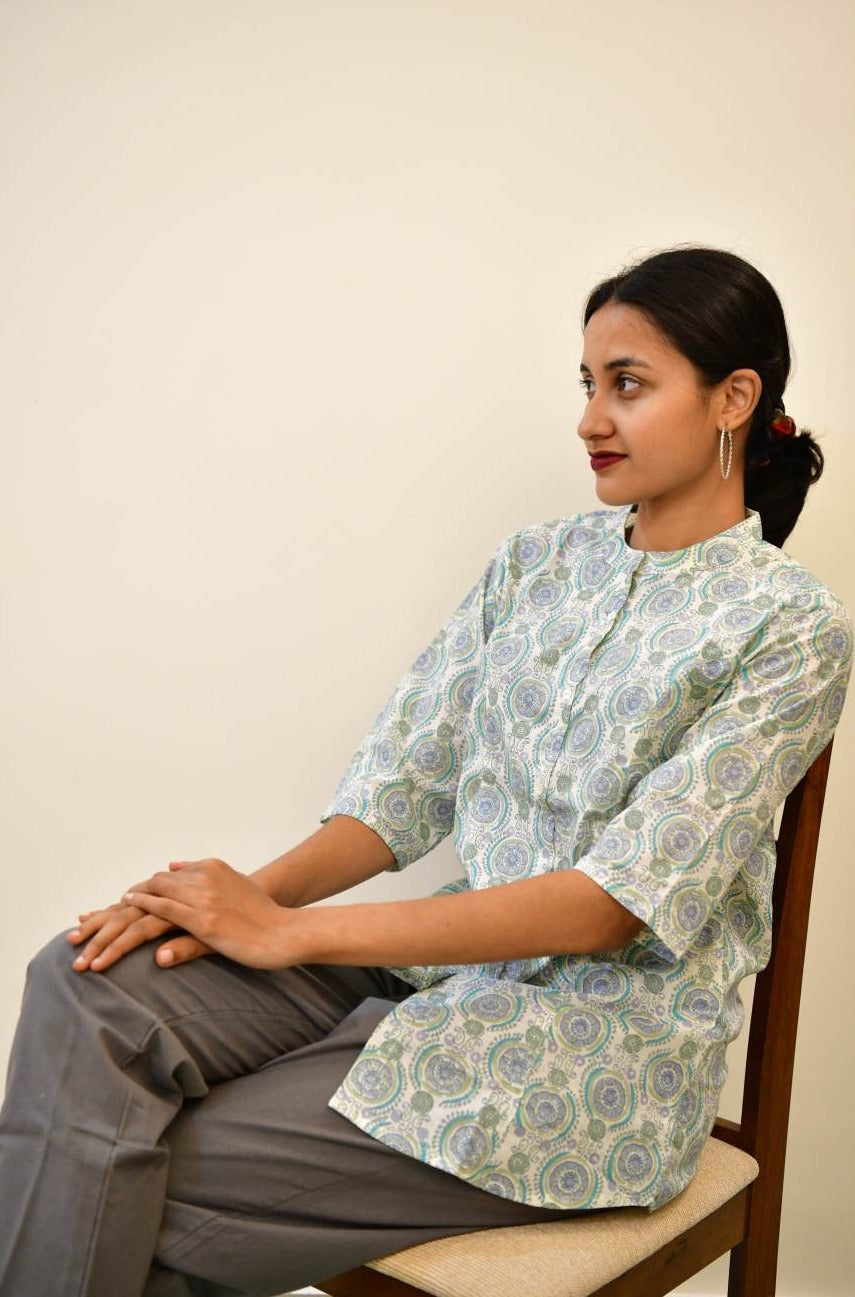 Blue/Green Print Mandarin Collar top