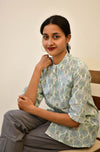 Green/BLue Print Mandarin Collar top