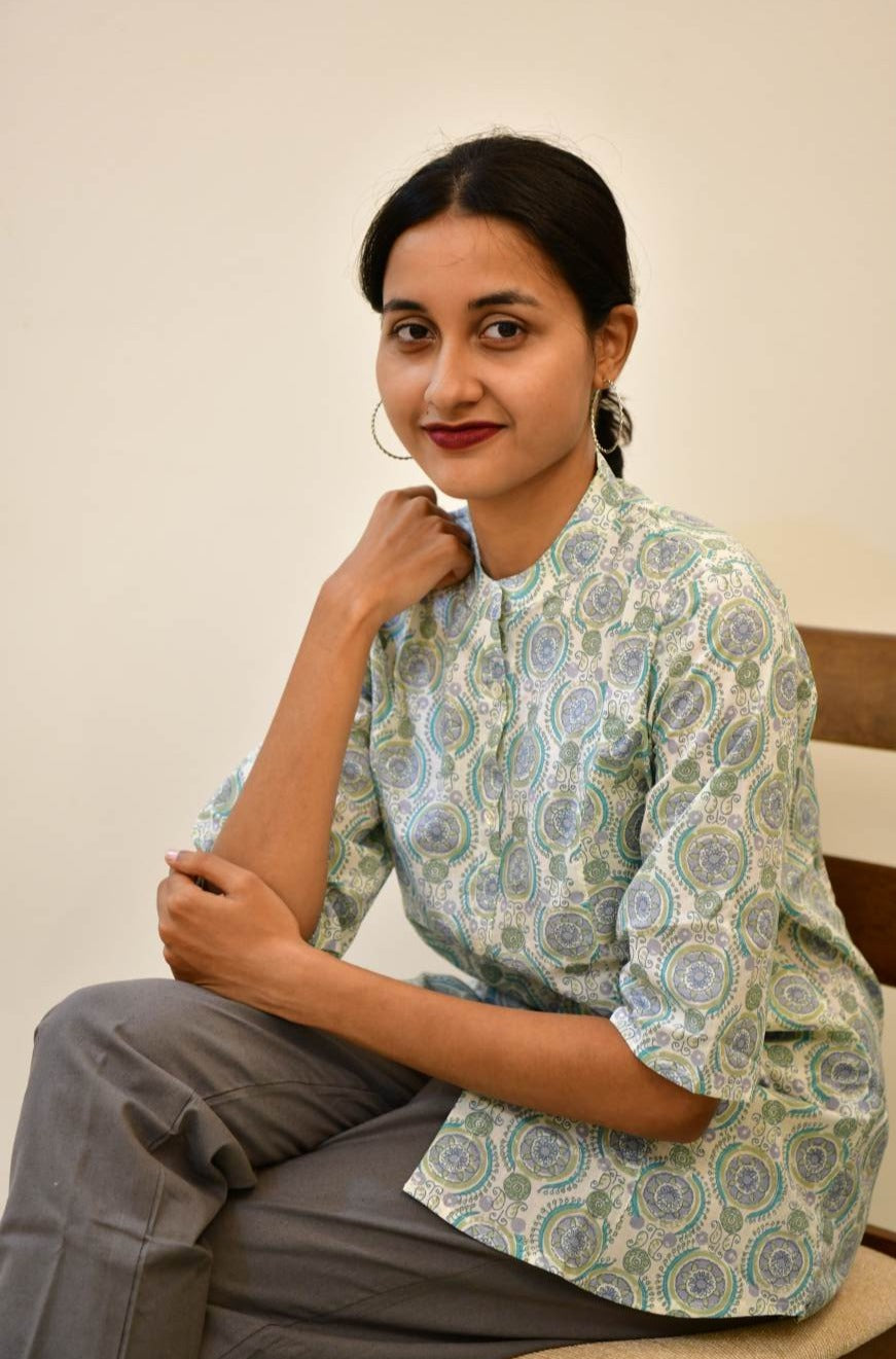 Green/BLue Print Mandarin Collar top