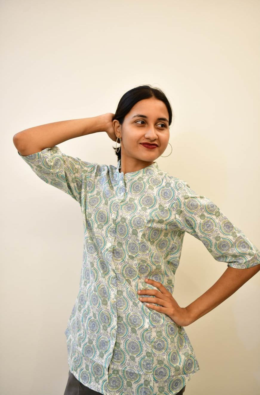 Blue/Green Print Mandarin Collar top