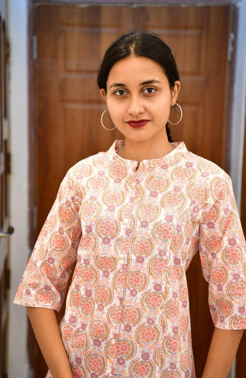 STYLIE Jaipuri Print Mandarin Collar Cotton Short Kurti