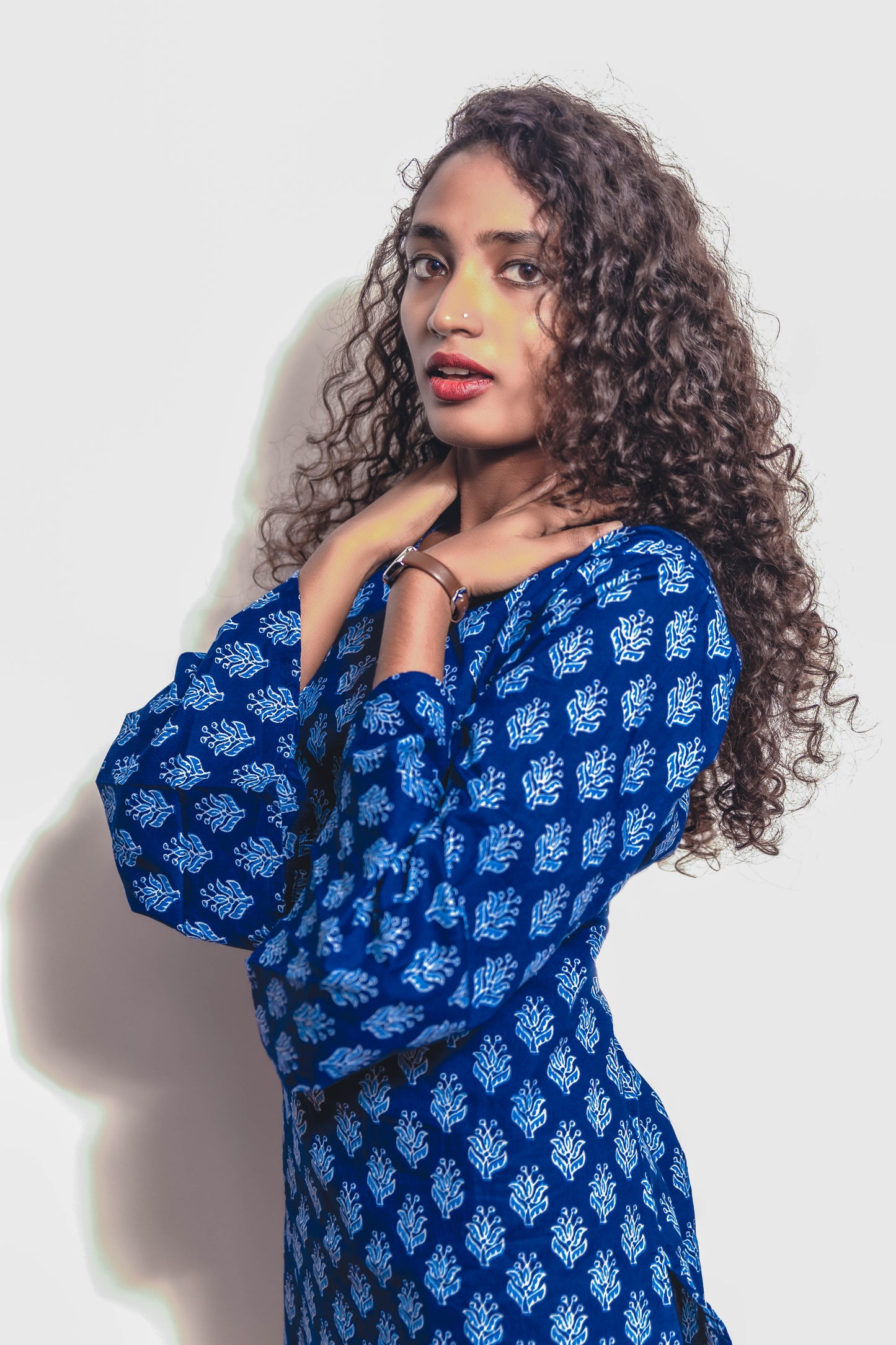 STYLIE Floral Printed  Blue Bell Sleeves Short Kurta