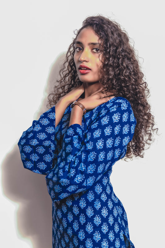 STYLIE Floral Printed  Blue Bell Sleeves Short Kurta