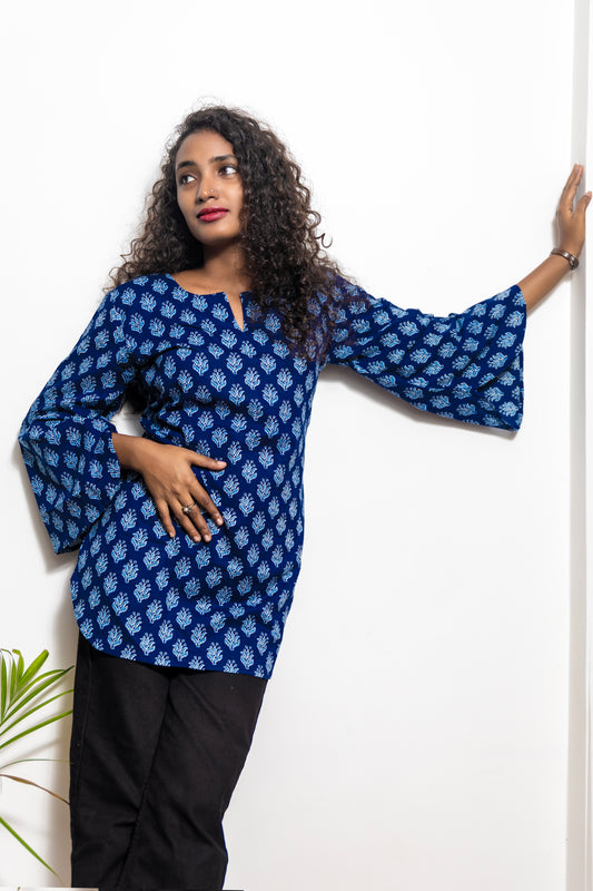 STYLIE Floral Printed  Blue Bell Sleeves Short Kurta
