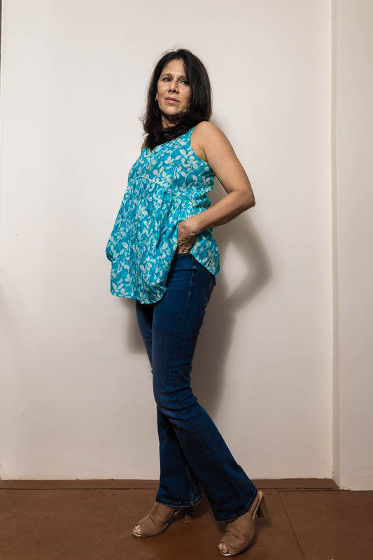 STYLIE Floral Sky Blue Sleeveless Short Kurti