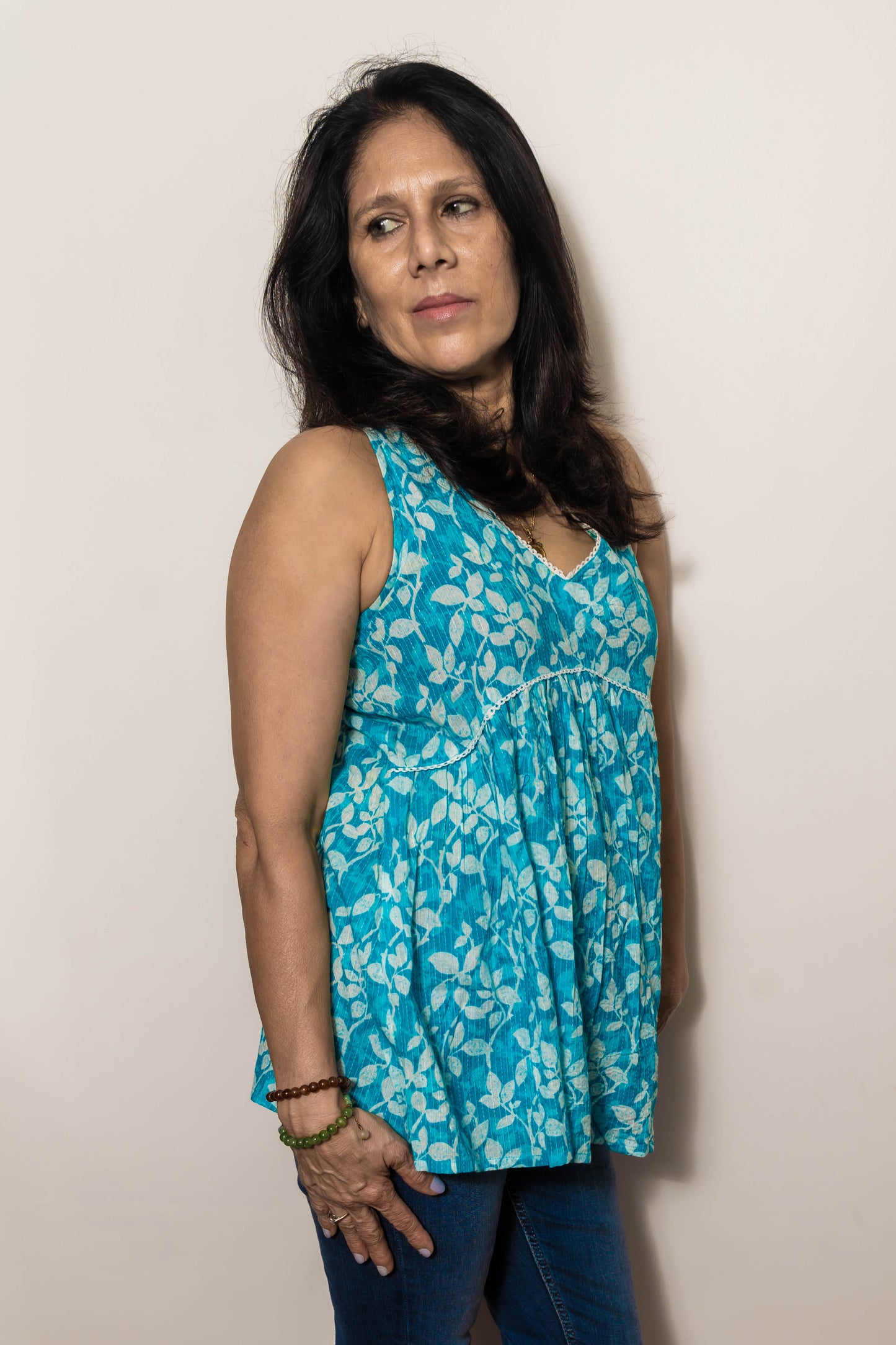 STYLIE Floral Sky Blue Sleeveless Short Kurti