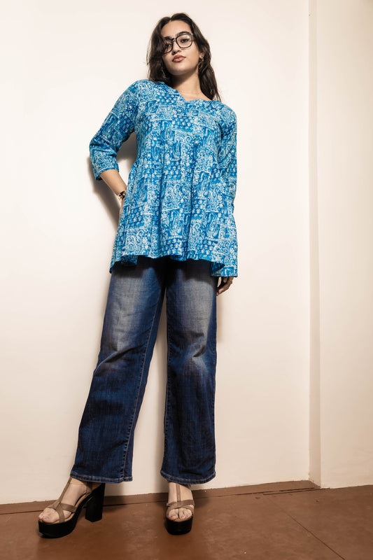 STYLIE  Printed Sky Blue Short Kurta