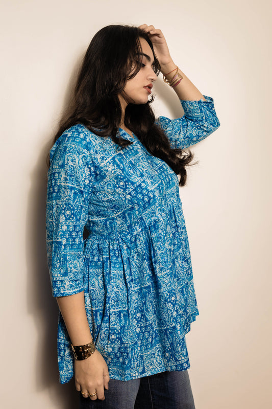 STYLIE  Printed Sky Blue Short Kurta