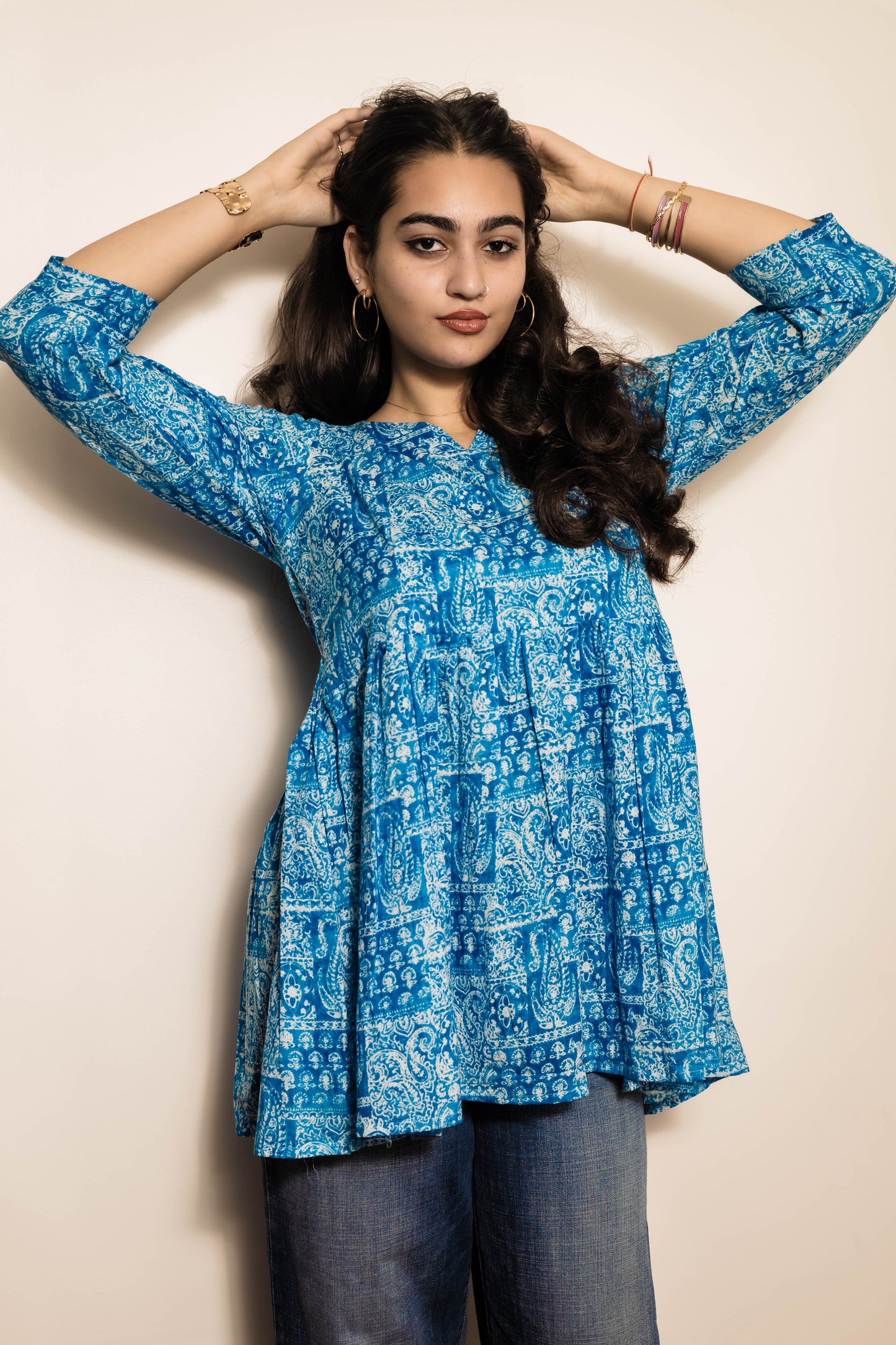 STYLIE  Printed Sky Blue Short Kurta