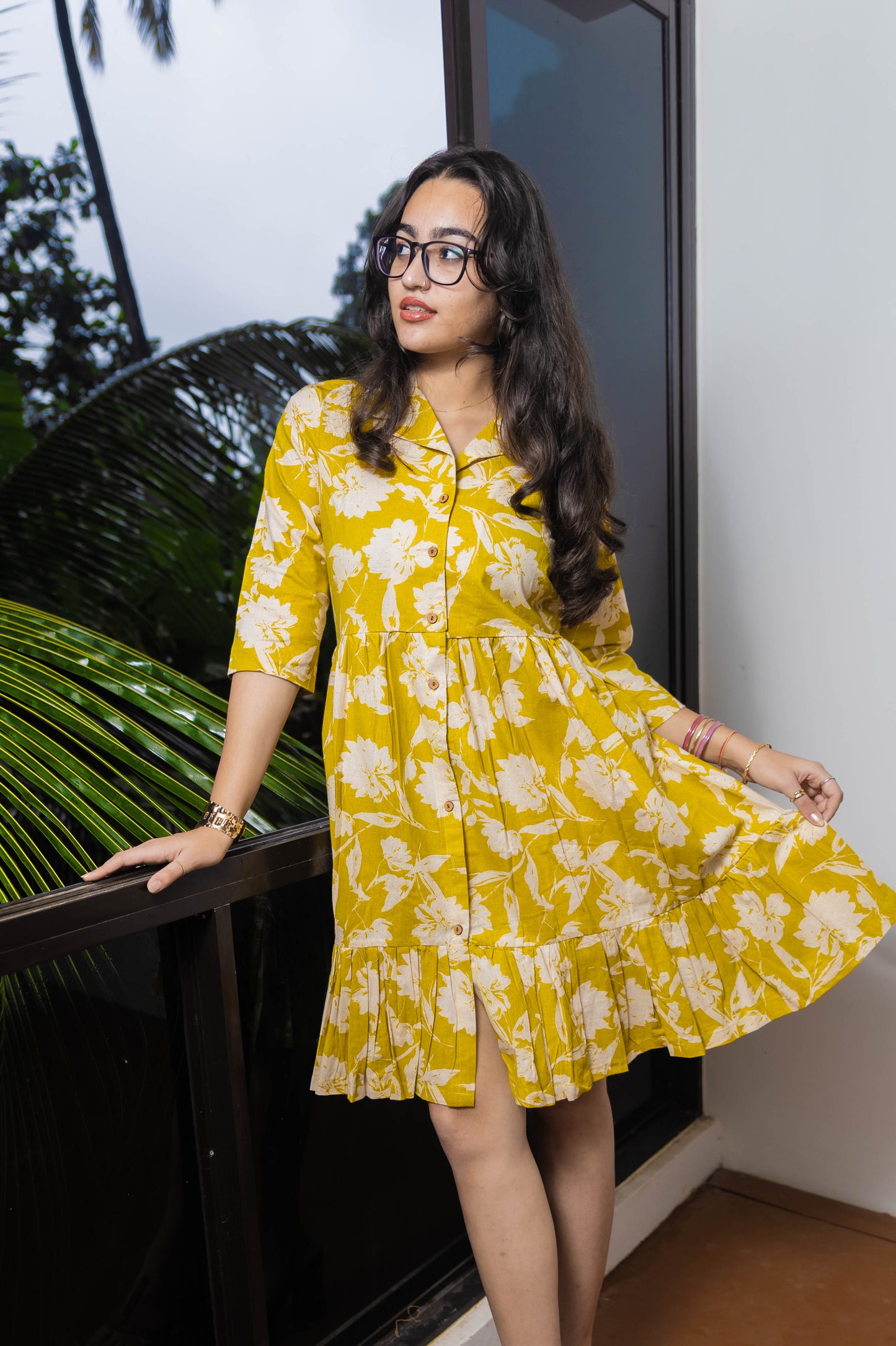 STYLIE Printed Mustard Yellow Short Dress With Button Detailing