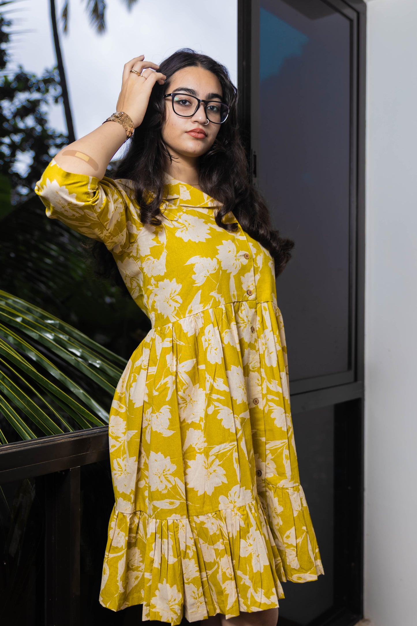 STYLIE Printed Mustard Yellow Short Dress With Button Detailing