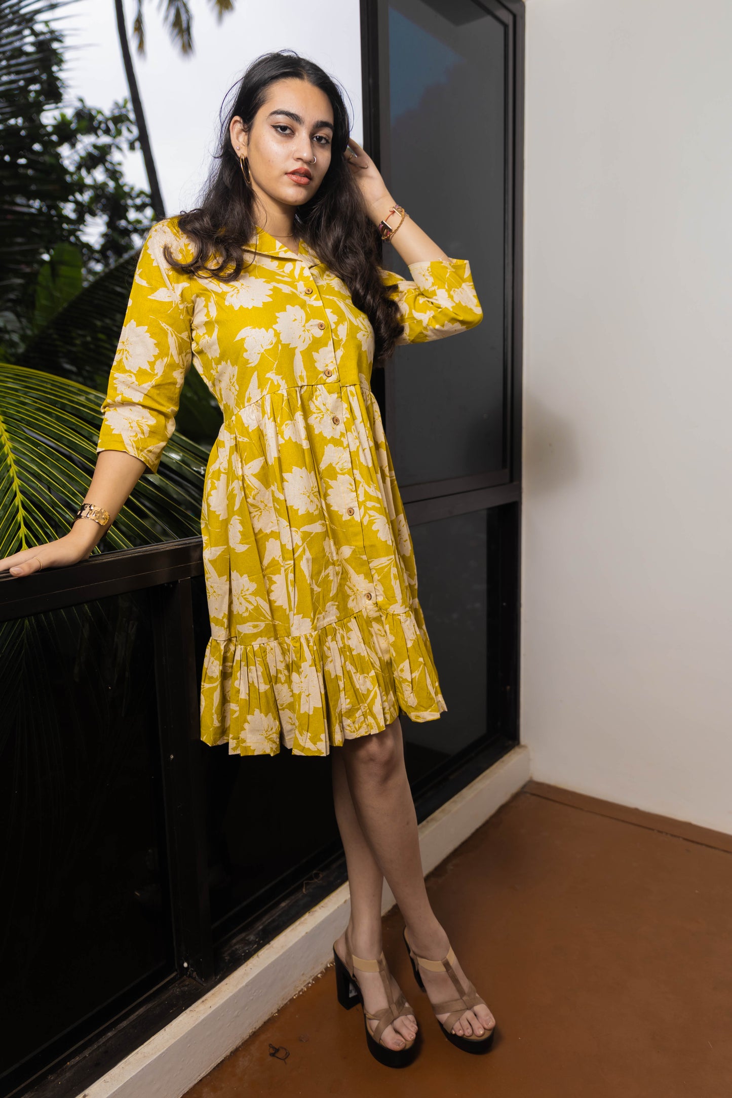 STYLIE Printed Mustard Yellow Short Dress With Button Detailing