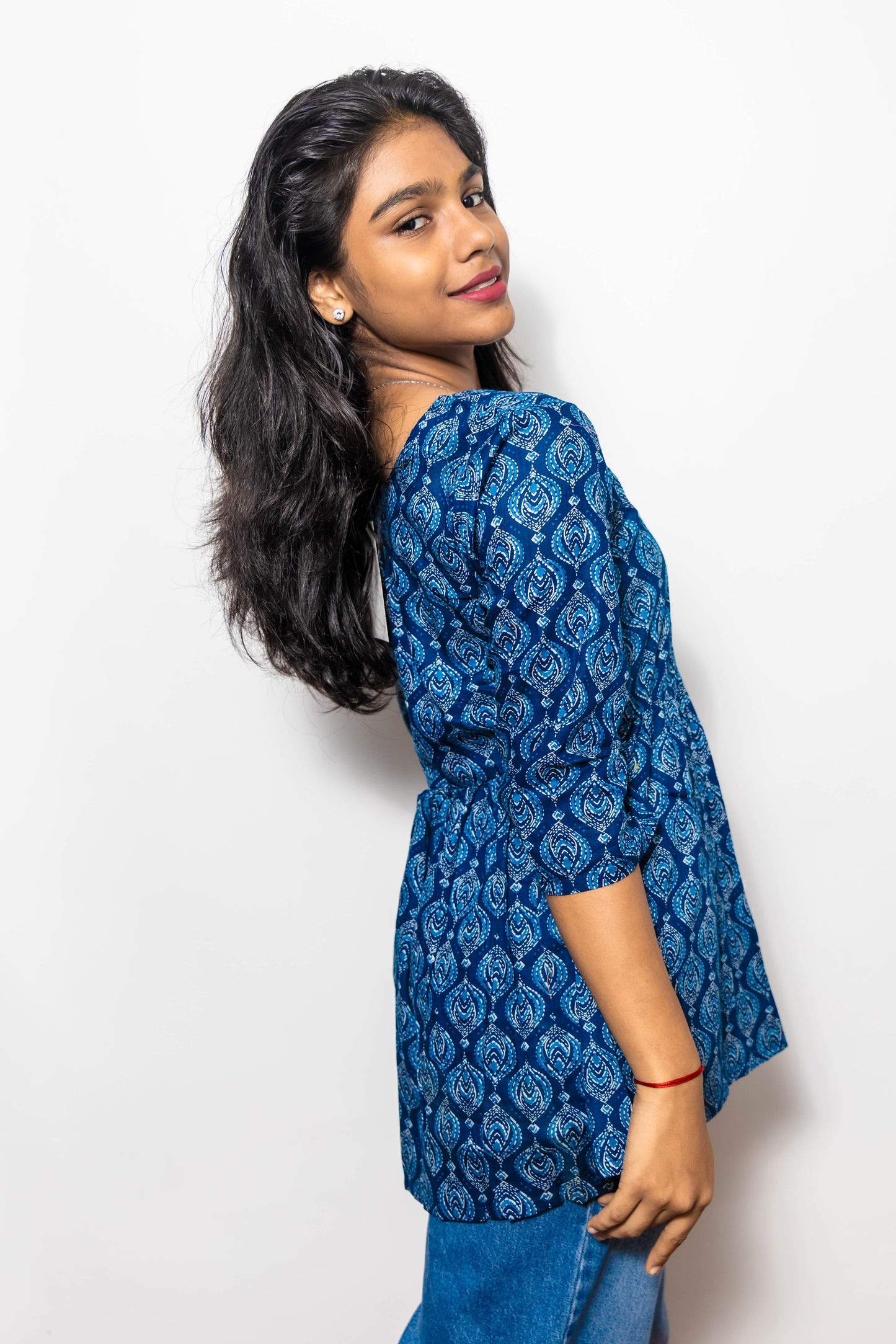 STYLIE Floral Printed Blue Short V-Neck Kurta
