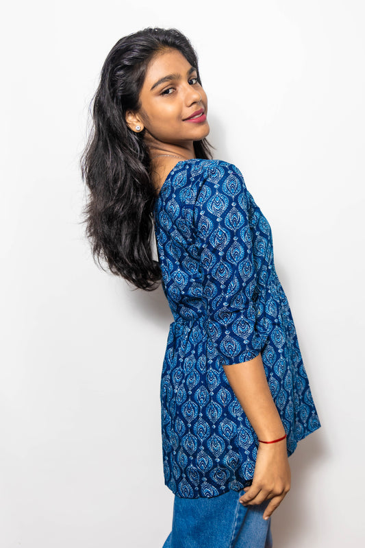 STYLIE Floral Printed Blue Short V-Neck Kurta