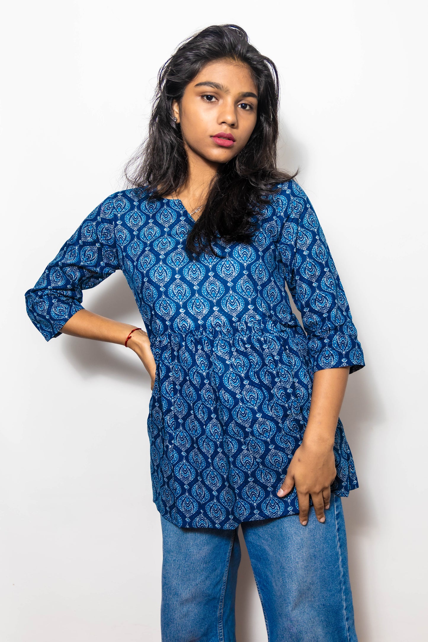 STYLIE Floral Printed Blue Short V-Neck Kurta