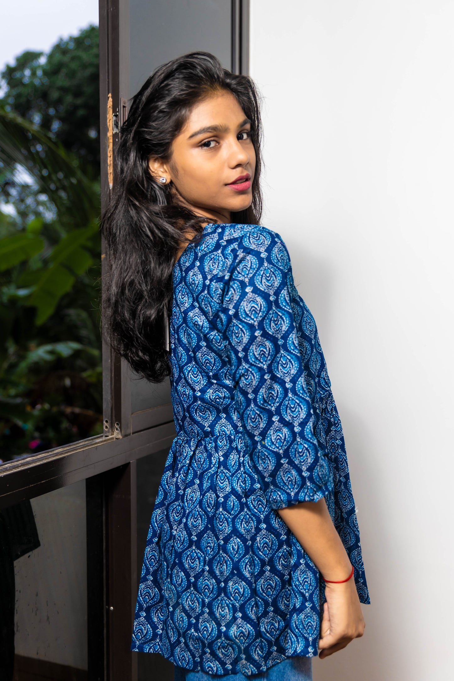 STYLIE Floral Printed Blue Short V-Neck Kurta