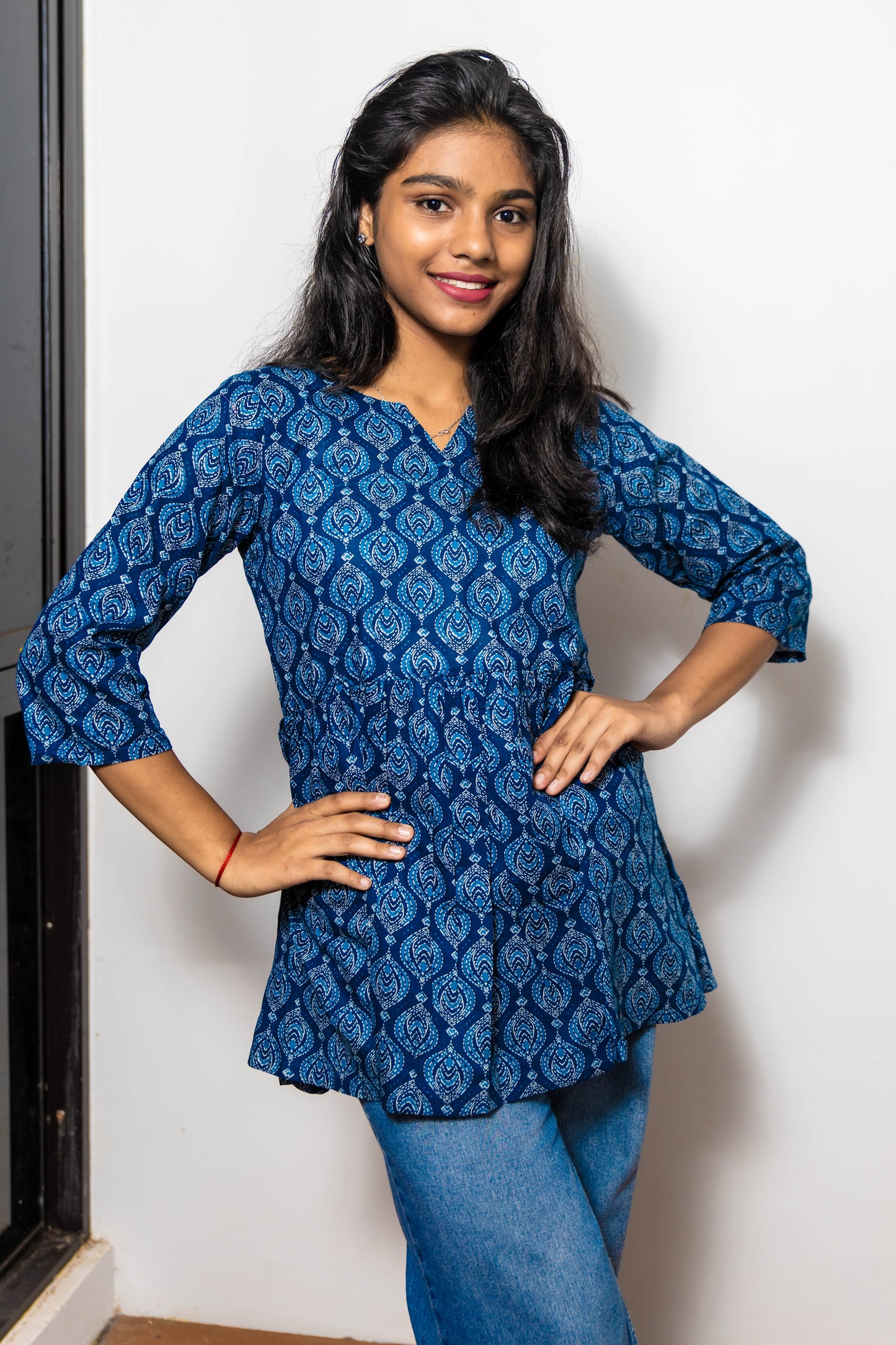 STYLIE Floral Printed Blue Short V-Neck Kurta
