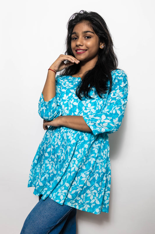 STYLIE Floral Printed Sky Blue Short Kurta