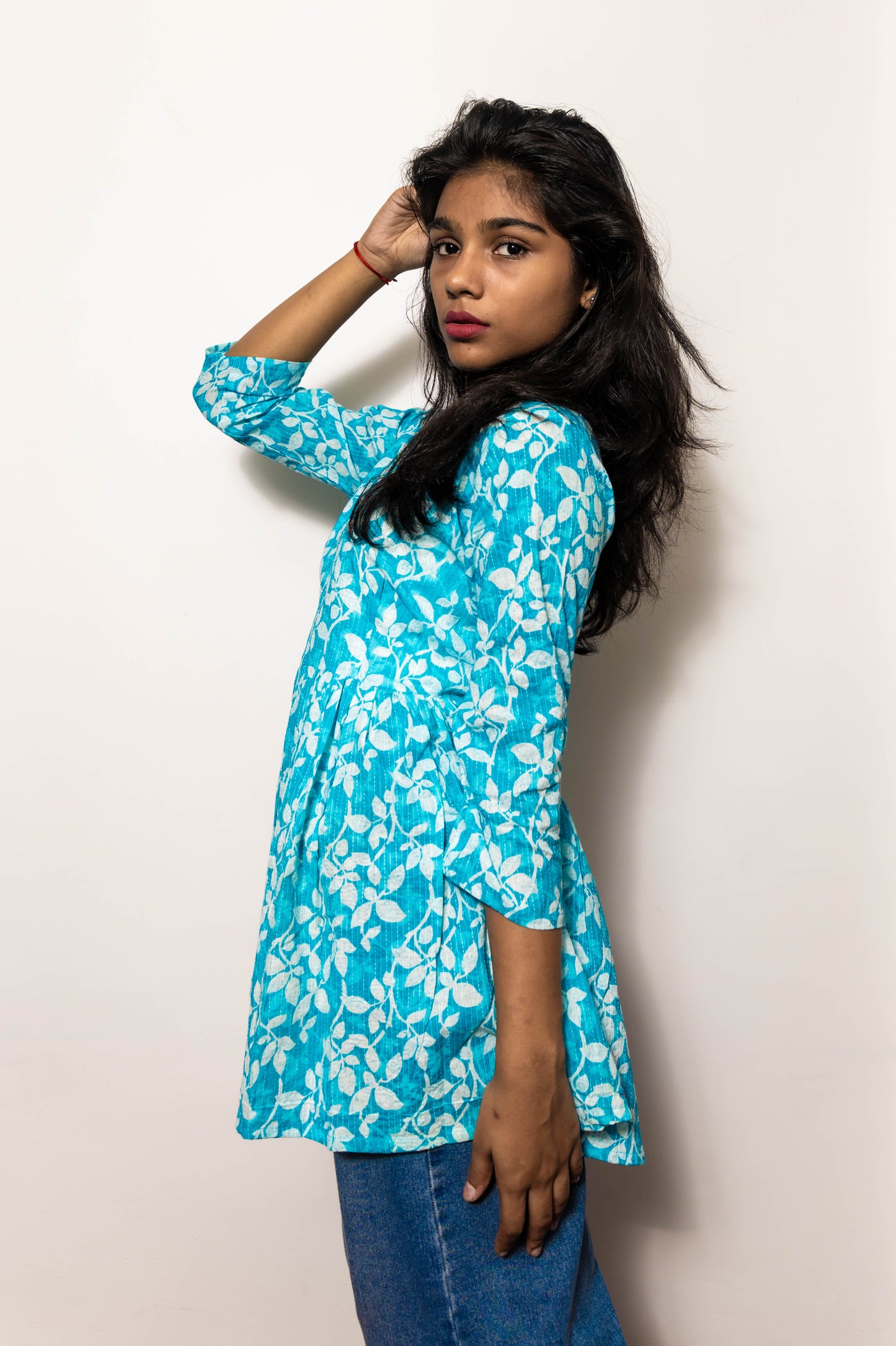 STYLIE Floral Printed Sky Blue Short Kurta