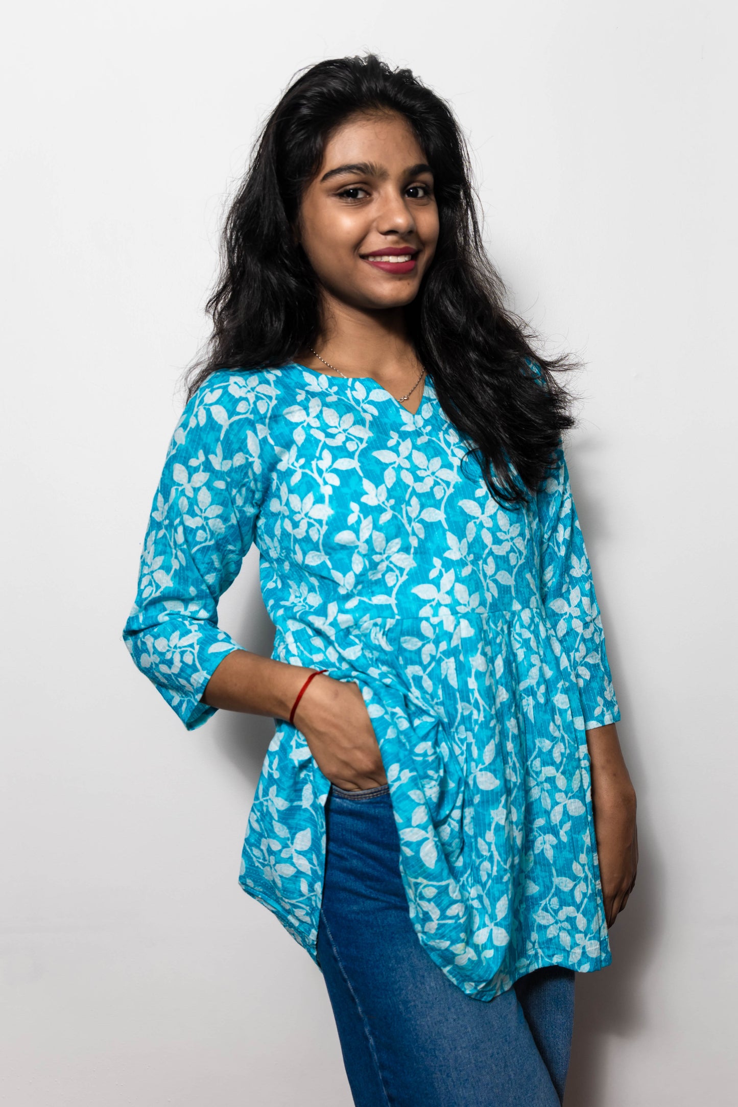 STYLIE Floral Printed Sky Blue Short Kurta