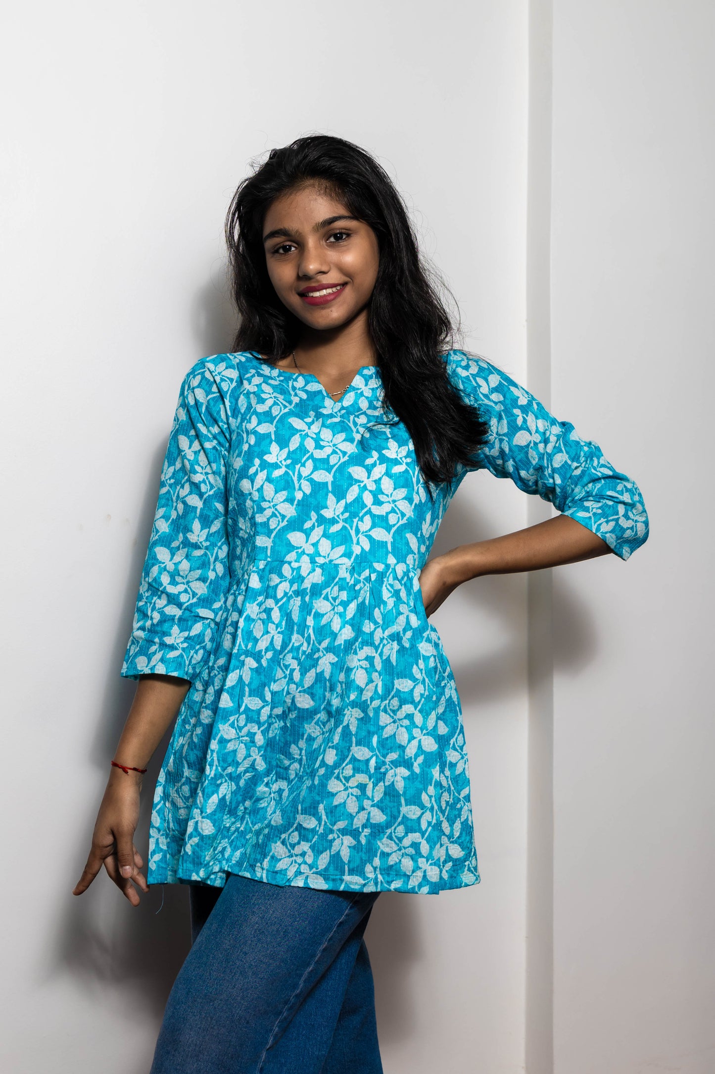 STYLIE Floral Printed Sky Blue Short Kurta