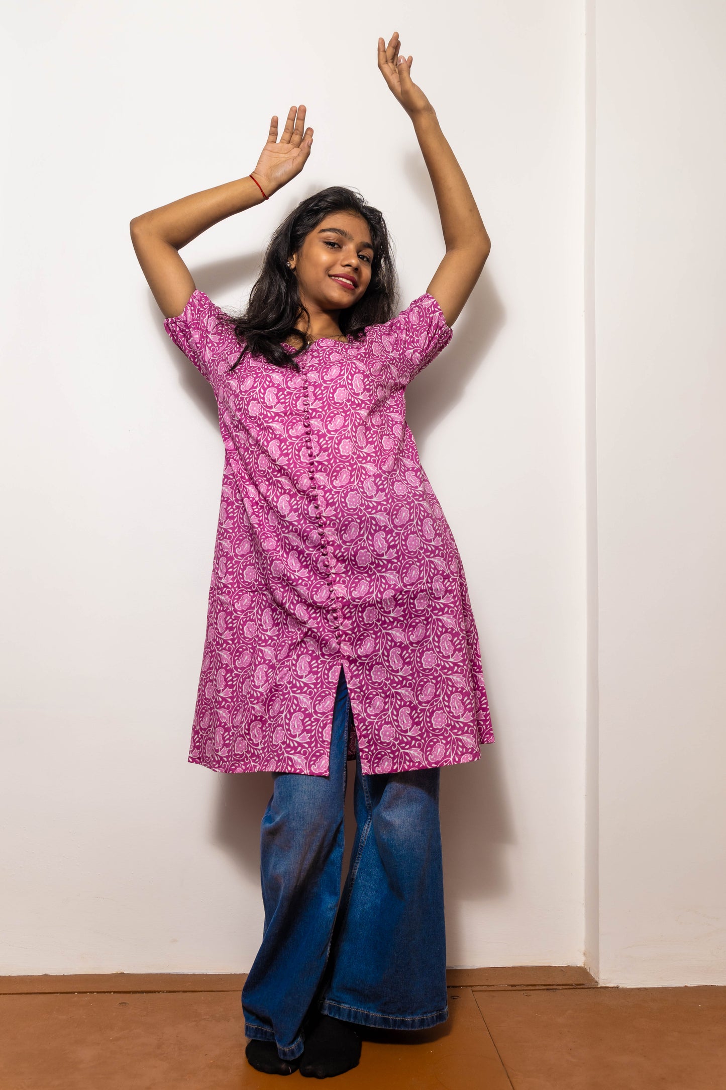STYLIE Floral Printed Short Sleeves Pink Kurta