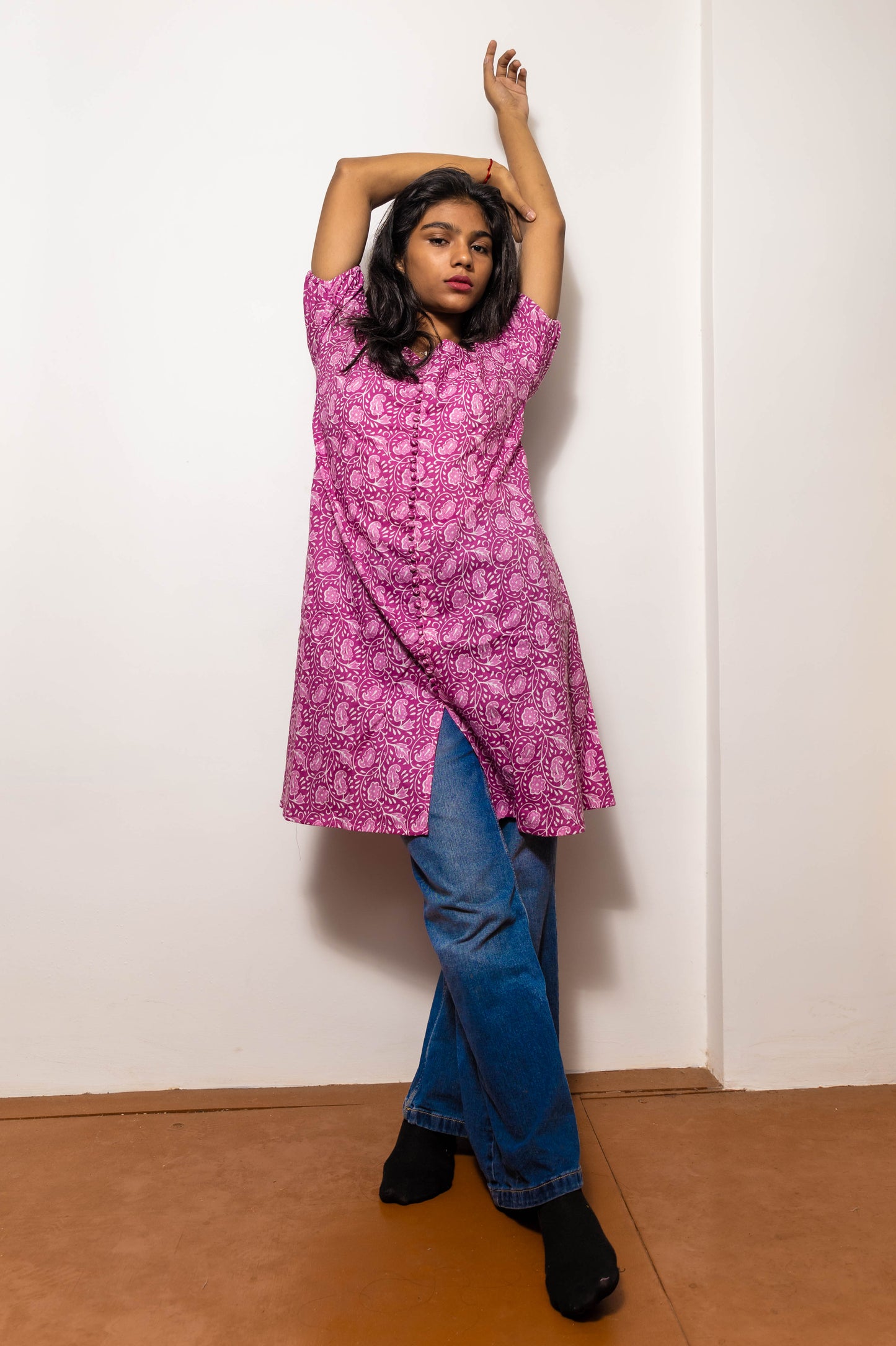 STYLIE Floral Printed Short Sleeves Pink Kurta