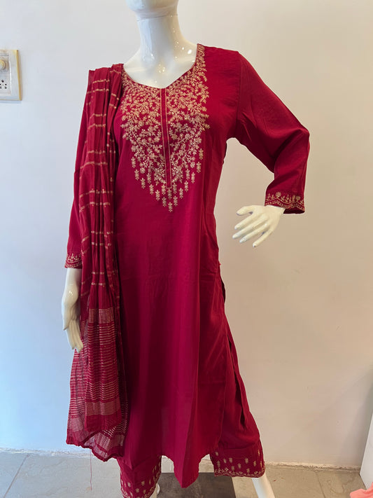 STYLIE GOA Regal Crimson Red Three-Piece Embroidered Ensemble