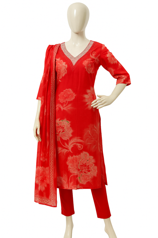 STYLIE GOA Elegant Deep Pink Floral Ensemble with Gold Accents
