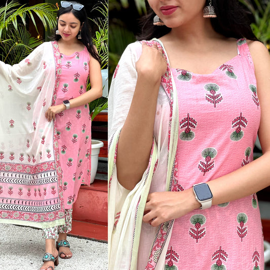 Cotton Sleeveless Kurti Pant Set with Dupatta