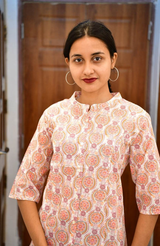 STYLIE Jaipuri Print Mandarin Collar Cotton Short Kurti