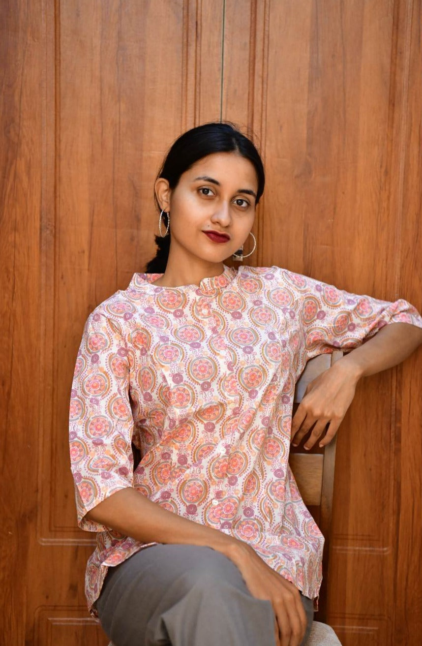 Pink Print Mandarin Collar top