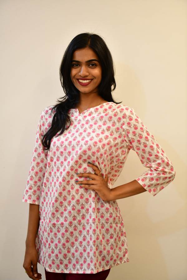STYLIE Floral Printed White Short Kurti/top