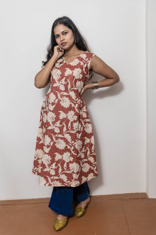 STYLIE Floral Printed Brown Sleevless Kurta