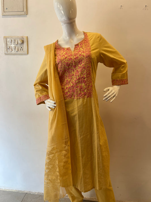 STYLIE GOA Elegant Embroidered Mustard Three-Piece Ensemble