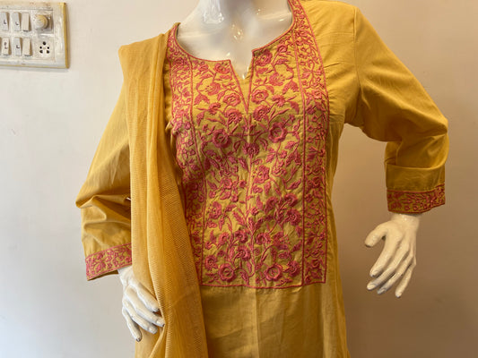 STYLIE GOA Elegant Embroidered Mustard Three-Piece Ensemble