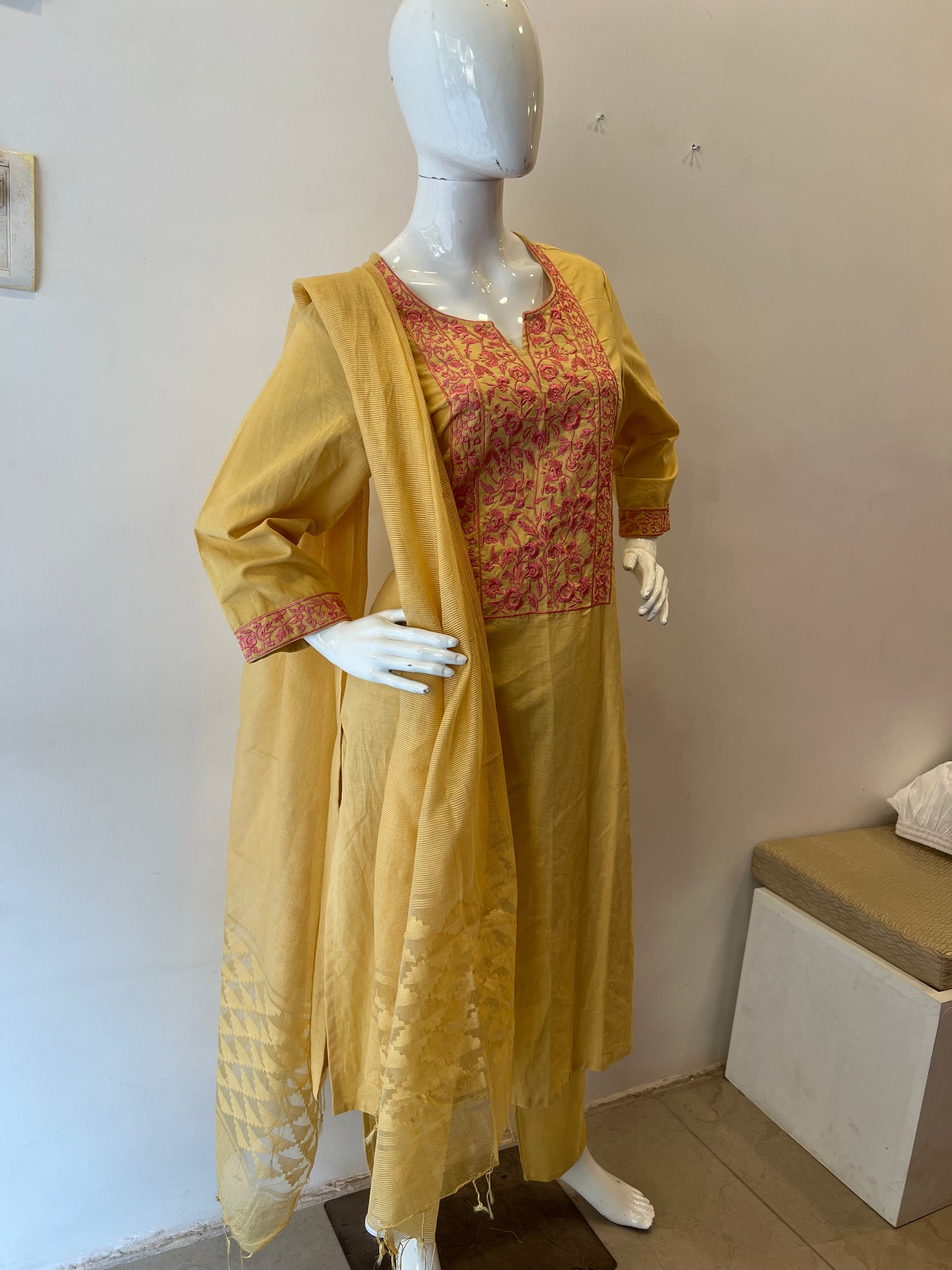 STYLIE GOA Elegant Embroidered Mustard Three-Piece Ensemble