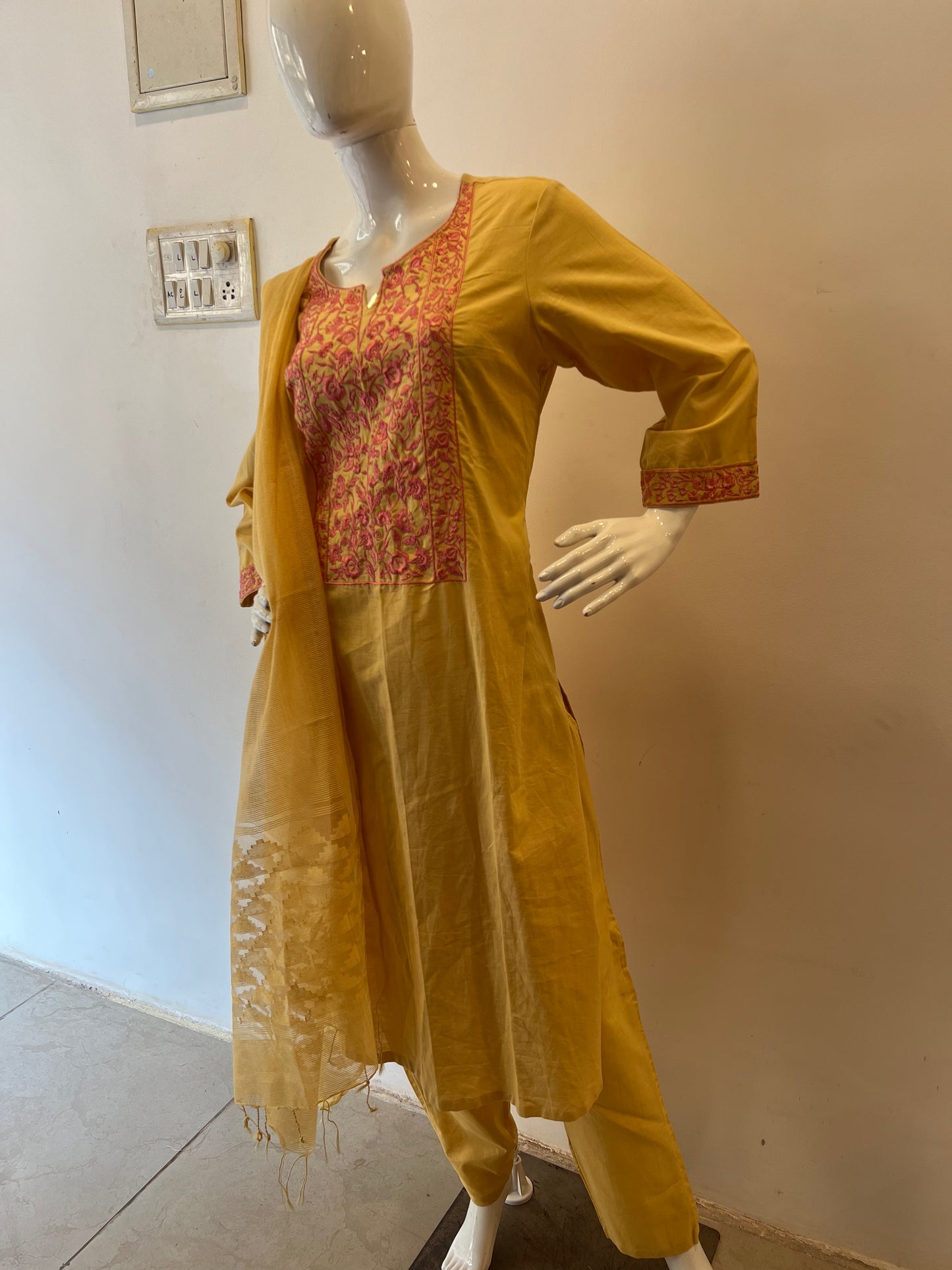 STYLIE GOA Elegant Embroidered Mustard Three-Piece Ensemble