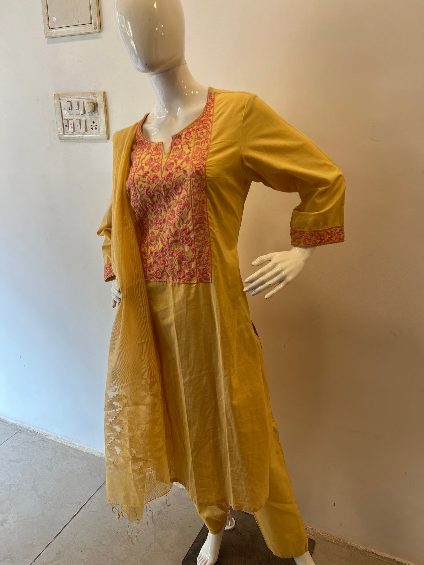 STYLIE GOA Elegant Embroidered Mustard Three-Piece Ensemble