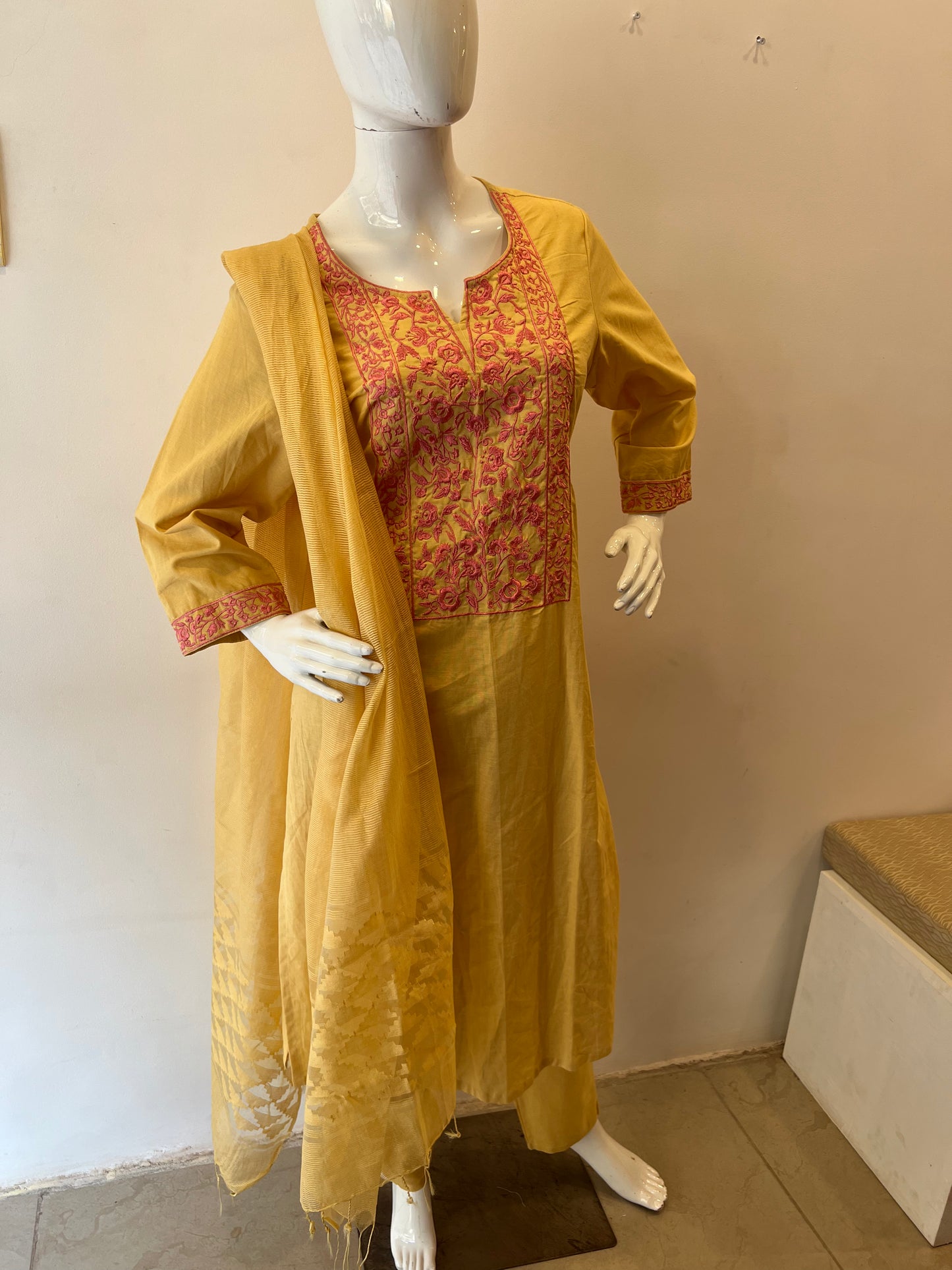 STYLIE GOA Elegant Embroidered Mustard Three-Piece Ensemble