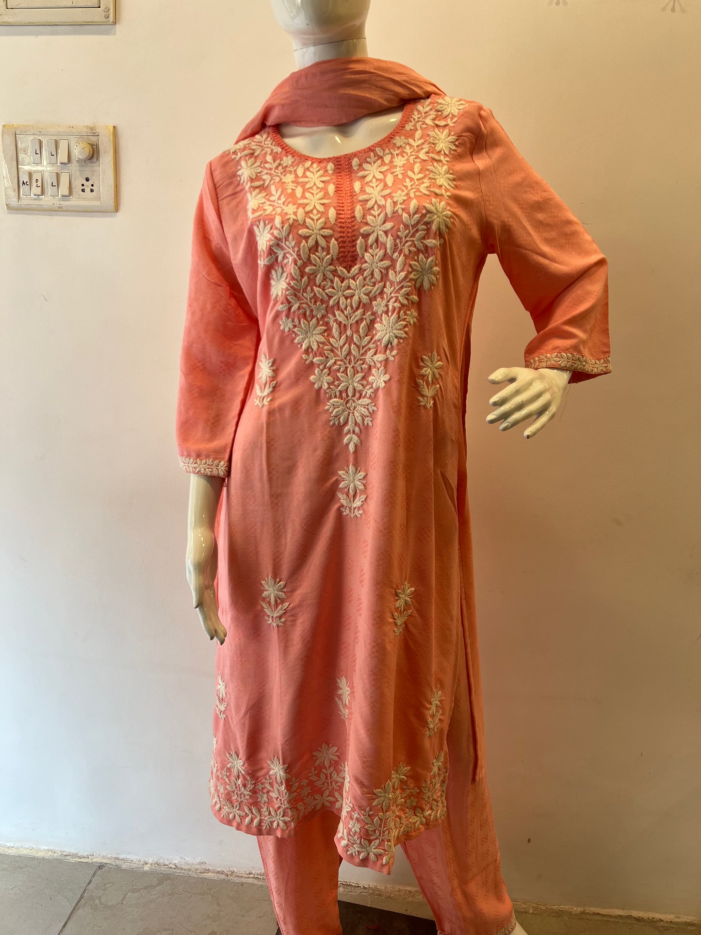 STYLIE GOA Elegant Chikankari Two-Piece Set With Trousers and Dupatta
