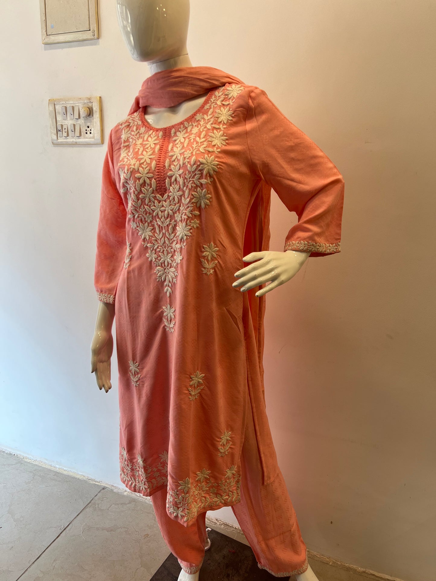 STYLIE GOA Elegant Chikankari Two-Piece Set With Trousers and Dupatta