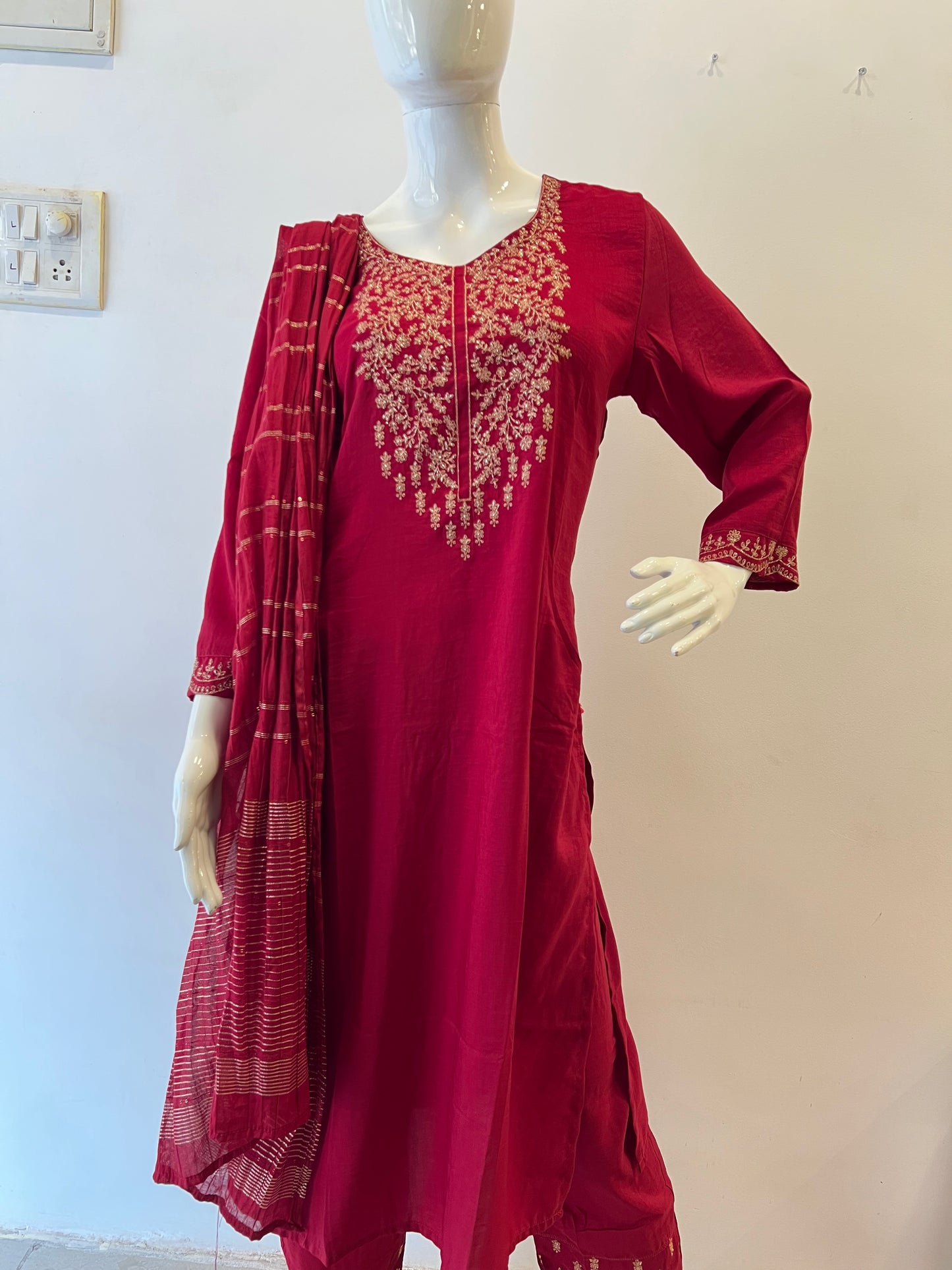 STYLIE GOA Regal Crimson Red Three-Piece Embroidered Ensemble