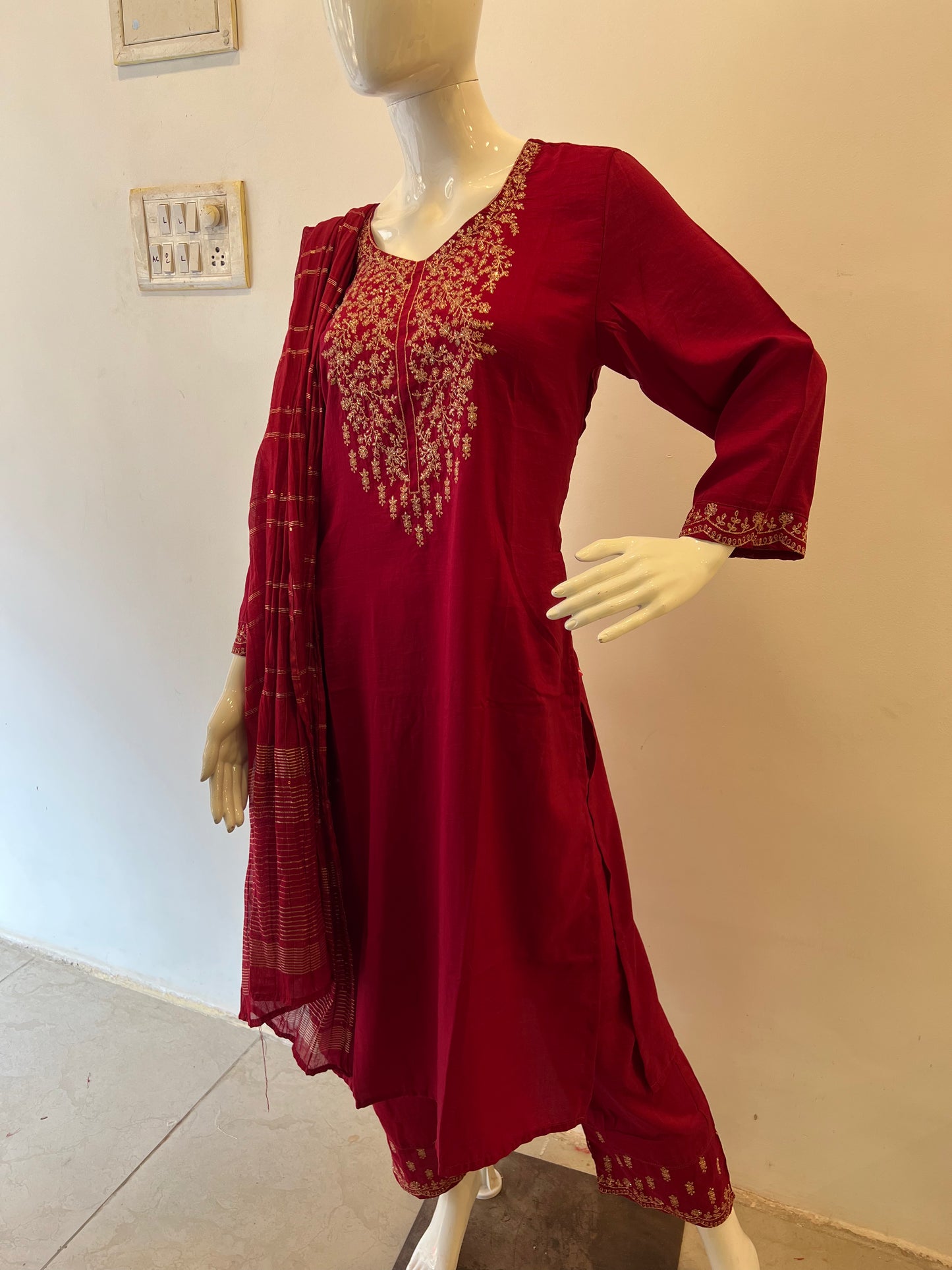 STYLIE GOA Regal Crimson Red Three-Piece Embroidered Ensemble