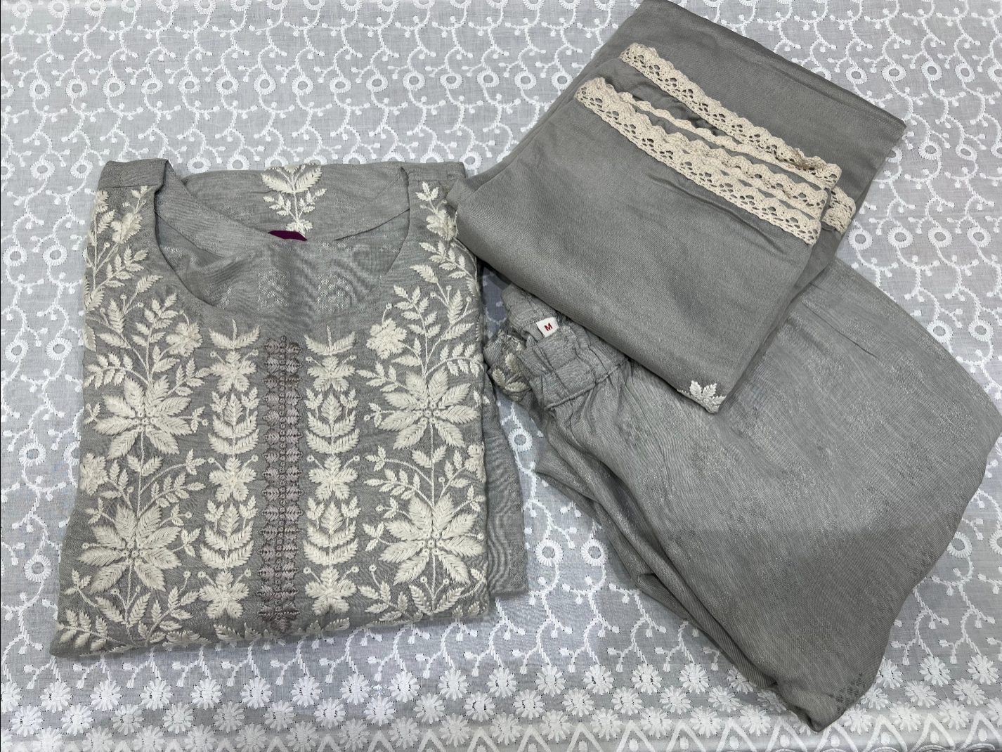 STYLIE GOA Elegant Chikankari Two-Piece Set With Trousers and Dupatta