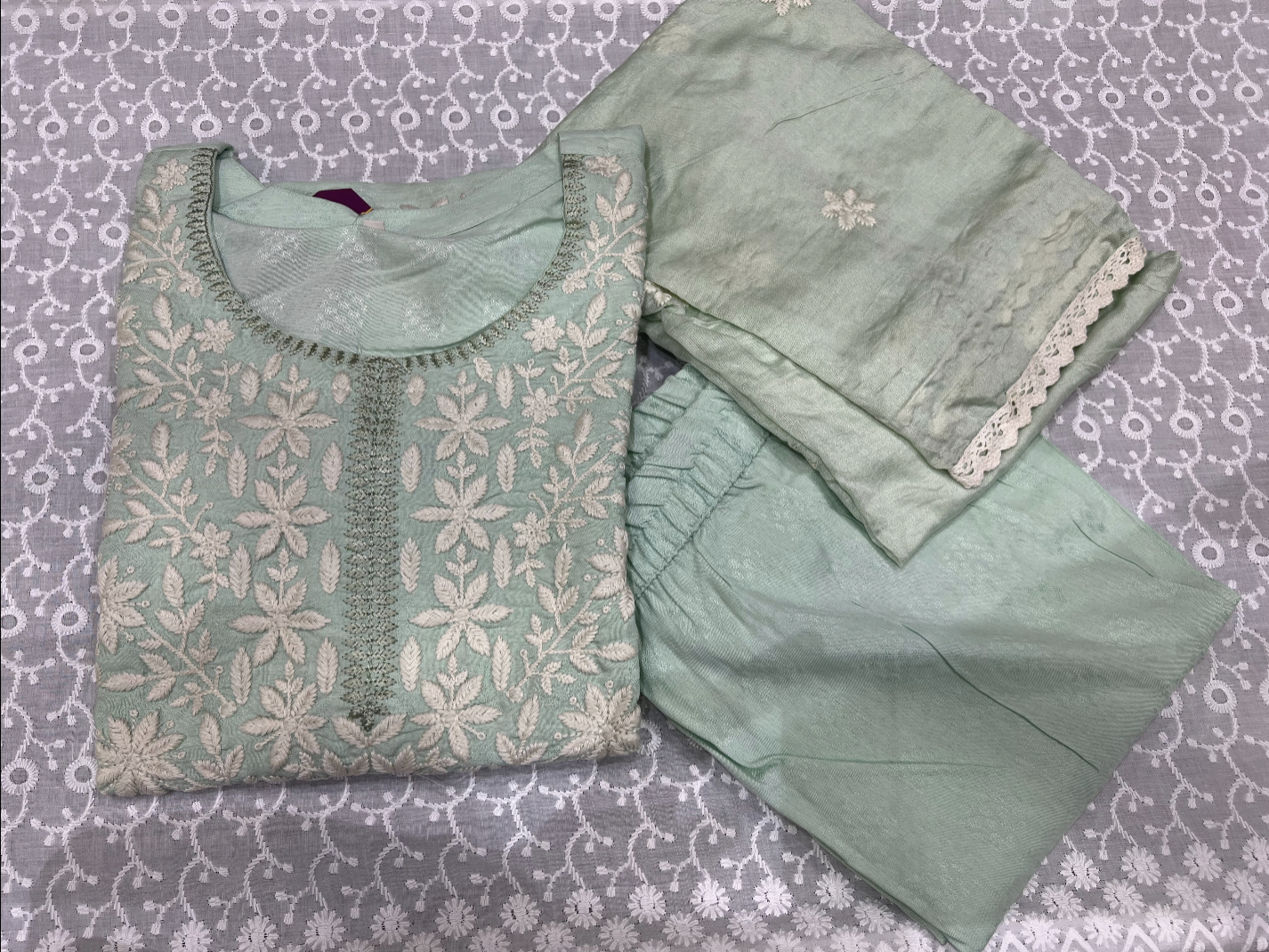 STYLIE GOA Elegant Chikankari Two-Piece Set With Trousers and Dupatta