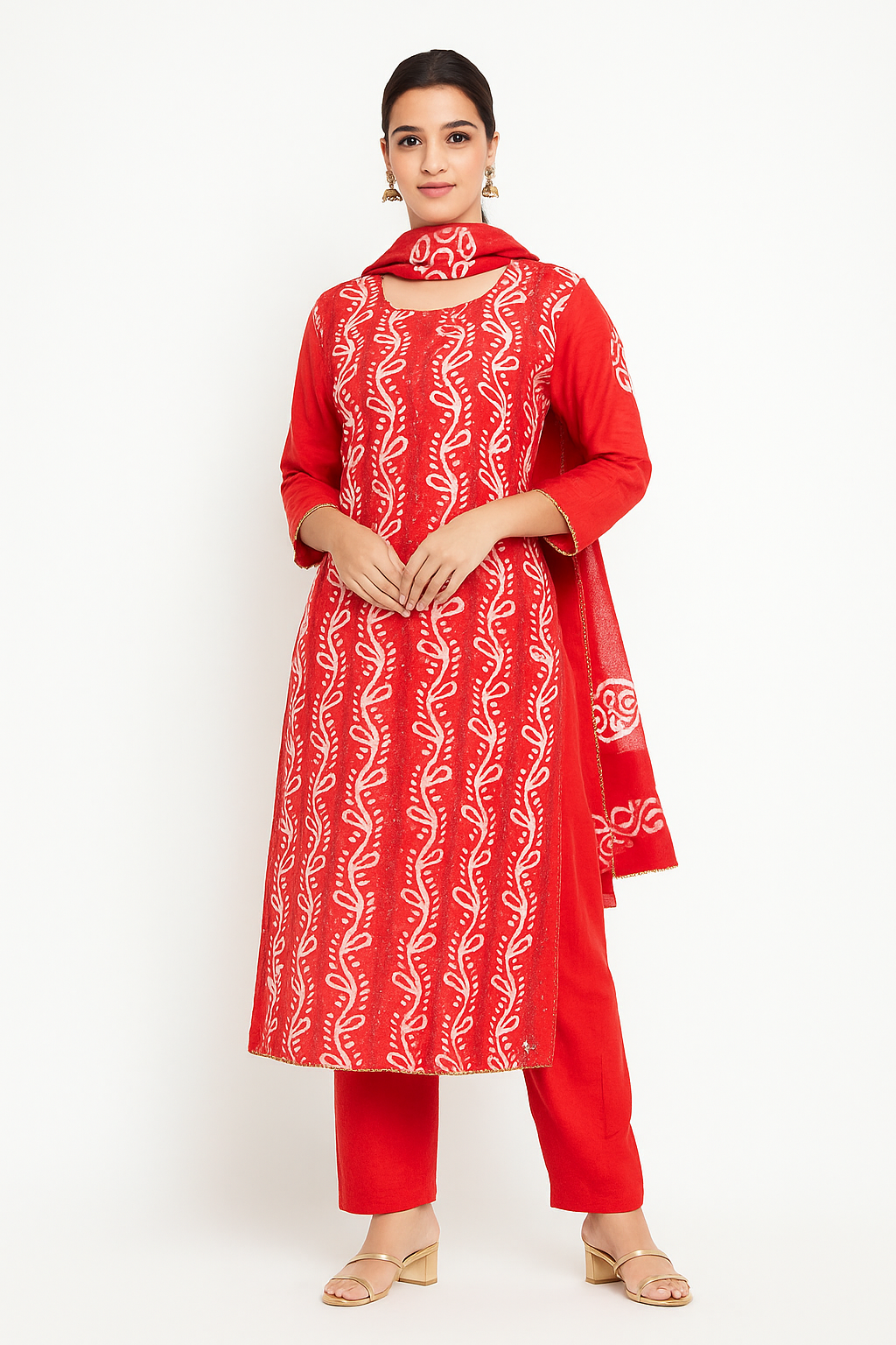 STYLIE GOA Vibrant Pink Batik Print Kurti Set With Trousers And Dupatta